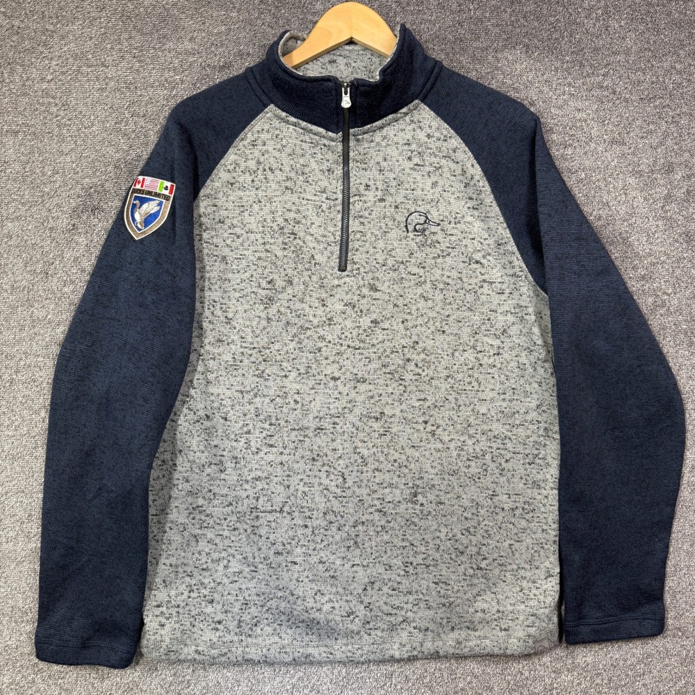 Ducks Unlimited Pullover Sweater Mens L Gray Navy Marled Quarter Zip Fleece